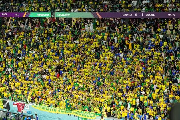 Mandatory Credit: Photo by Dave Shopland Shutterstock (13655756hw) Brazil fans look on from the stands Croatia v Brazil, FIFA World Cup, WM, Weltmeisterschaft, Fussball 2022, Quarter Final, Football, Education City Stadium, Doha, Qatar - 09 Dec 2022 Editorial Use Only Croatia v Brazil, FIFA World Cup 2022, Quarter Final, Football, Education City Stadium, Doha, Qatar - 09 Dec 2022 Editorial Use Only  Copyright: xDavexShopland Shutterstockx 13655756hw