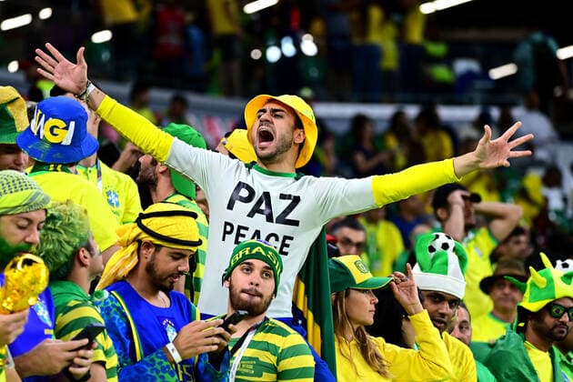 AL RAYYAN, QATAR - DECEMBER 09: Fans of Brazil ,during the FIFA World Cup, WM, Weltmeisterschaft, Fussball Qatar 2022 quarter final match between Croatia and Brazil at Education City Stadium on December 9, 2022 in Al Rayyan, Qatar. WCS 