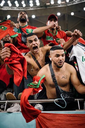 morocco vs portugal DOHA, CA - 10.12.2022: MOROCCO VS PORTUGAL - Moroccan fans celebrate ranking after the match between Morocco and Portugal, valid for the quarterfinals of the World Cup, held at Al Thumama Stadium in Doha, Qatar. (Photo: Marcelo Machado de Melo Fotoarena) x2308631x  MarceloxMachadoxdexMelo