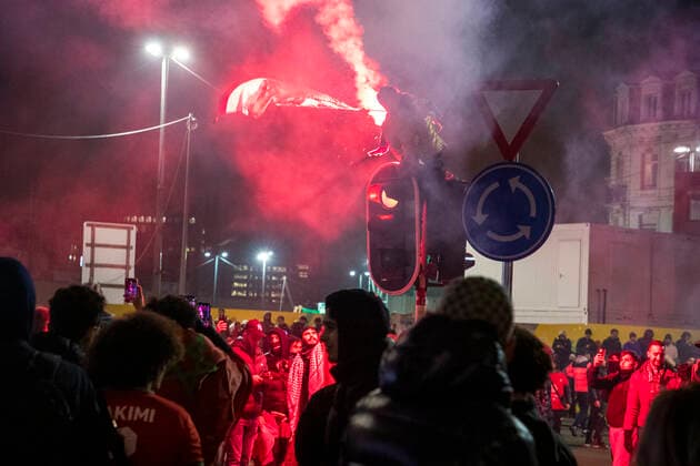 Illustration picture shows Moroccan supporters celebrating their victory in the center of Brussels, after winning the quarter final game between Morocco and Portugal, at the FIFA 2022 World Cup, on Saturday 10 December 2022. NICOLASxMAETERLINCK  x55718570x
