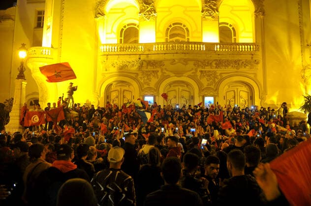 Fans Of Morocco s Celebrates In Tunis Fans celebrates Morocco s victory in the Qatar 2022 World Cup quarter-final football match against Portugal at Habib Bourguiba avenue in Tunis,Tunisia on December 10, 2022. Tunis Tunisia  Copyright: xYassinexMahjoubx originalFilename:mahjoub-notitle221210_npx9s.jpg