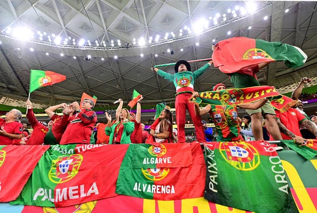 DOHA, QATAR - DECEMBER 10: Fans of Portugal ,during the FIFA World Cup, WM, Weltmeisterschaft, Fussball Qatar 2022 quarter final match between Morocco and Portugal at Al Thumama Stadium on December 10, 2022 in Doha, Qatar. WCS 