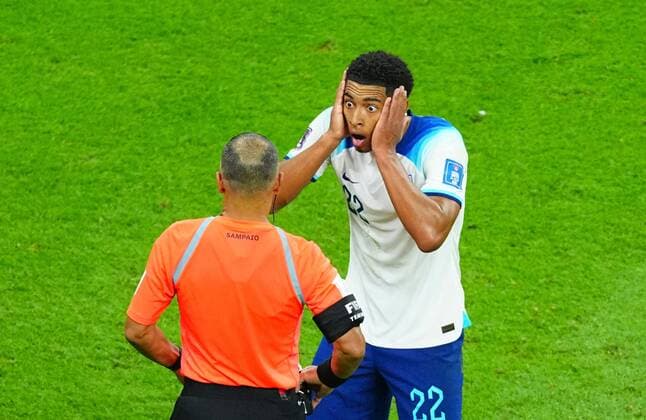 Mandatory Credit: Photo by Javier Garcia Shutterstock (13655768fv) Jude Bellingham of England reacts towards Wilton Pereira Sampaio England v France, FIFA World Cup, WM, Weltmeisterschaft, Fussball 2022, Quarter Final, Football, Al Bayt Stadium, Al Khor, Qatar - 10 Dec 2022 Editorial Use Only England v France, FIFA World Cup 2022, Quarter Final, Football, Al Bayt Stadium, Al Khor, Qatar - 10 Dec 2022 Editorial Use Only  Copyright: xJavierxGarcia Shutterstockx 13655768fv