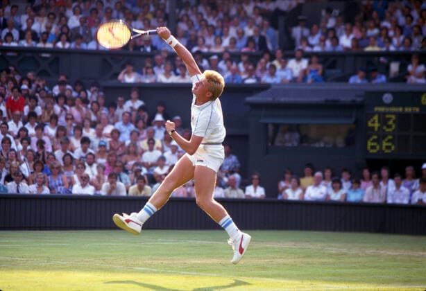 Boris Becker smashes an overhead on Centre Court on his way to winning the 1985 Wimbledon Championships. Boris Becker lunges for volley on Centre Court on his way to winning the 1985 Wimbledon Championships.