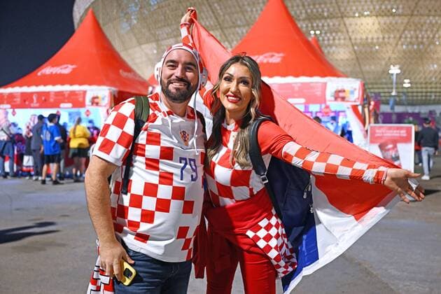 Qatar Soccer World Cup Argentina - Croatia 8338486 13.12.2022 Croatia s fans pose for a photo before the Qatar 2022 World Cup semi-final match between Argentina and Croatia at the Lusail Iconic Stadium, in Lusail, Qatar. Grigory Sysoev Sputnik Lusail Qatar  Copyright: xGrigoryxSysoevx