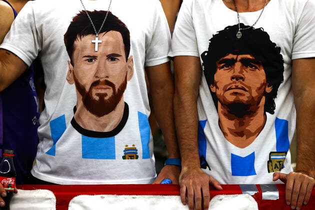 Mandatory Credit: Photo by Kieran McManus Shutterstock (13661829i) Argentina fans wearing Lionel Messi and Diego Maradona of Argentina T-Shirts in the build up to the game Argentina v Croatia, FIFA World Cup, WM, Weltmeisterschaft, Fussball 2022, Semi Final, Football, Lusail Stadium, Al Daayen, Qatar - 13 Dec 2022 Editorial Use Only Argentina v Croatia, FIFA World Cup 2022, Semi Final, Football, Lusail Stadium, Al Daayen, Qatar - 13 Dec 2022 Editorial Use Only  Copyright: xKieranxMcManus Shutterstockx 13661829i