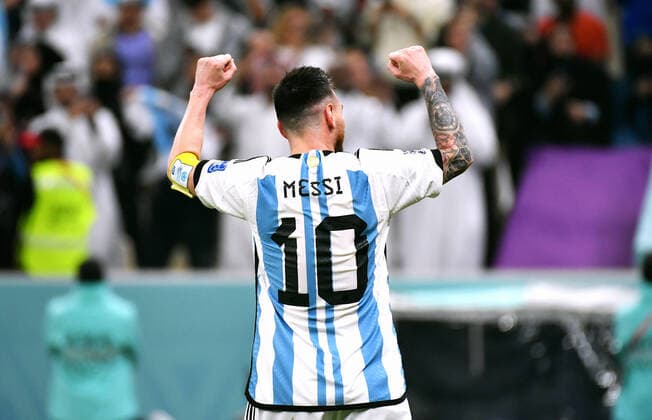 Football World Cup , Men, Qatar 2022, 1 Semifinal, Lusail Iconic Stadium, Argentina Croatia 3 0 Cheering Lionel Messi ARG after scoring 3 0 by Julian Alvarez ARG Cheering, joy, action FIFA REGULATES PROHIBIT ANY USE OF PHOTOGRAPHS AS IMAGE SEQUENCES AND OR QUASI VIDEO