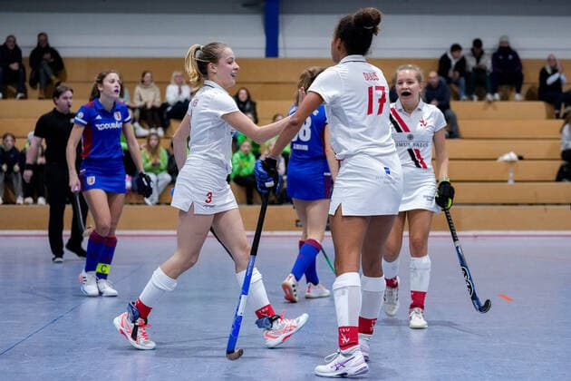 from left Luisa Walter TSVMH, 3 , Tara Duus TSVMH, 17 , Greta Meissner TSVMH, 8 , Players of TSV Mannheim Hockey, celebrate the goal, goal, celebration, celebration about the goal, optimistic, game scene, highlight, action, action, 17 12 2022, Mannheim Germany , Indoor Hockey, 1 Bundesliga South, Women, Feudenheimer HC TSV Mannheim xozx