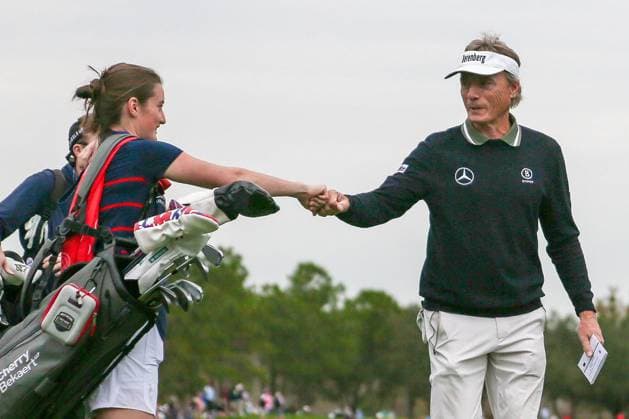 December 17, 2022, Orlancdo, Florida, USA: Bernhard Langer (R) fist pumps on the 18th green during the first round of the PNC Championship at The Ritz-Carlton Golf Club. Orlancdo USA - ZUMAw109 20221217_zap_w109_025 Copyright: xDebbyxWongx