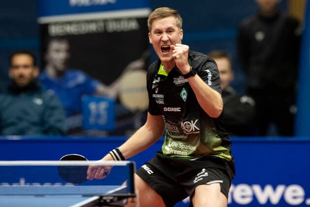Table tennis 1 Bundesliga, season 2022 2023, 10 matchday, TTC Schwalbe Bergneustadt Werder Bremen on 18 12 2022 in Bergneustadt North Rhine Westphalia Bremens Mattias Falck celebrates a point win Copyright: xGuidoxKirchnerx