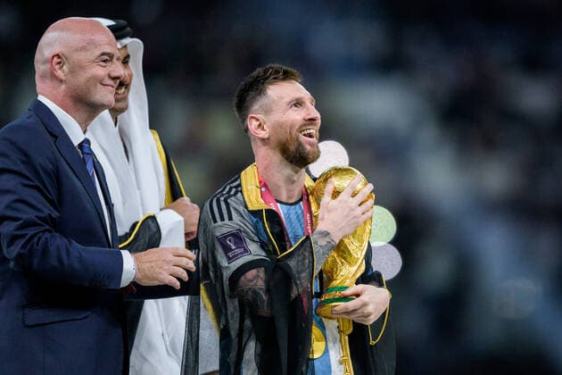 221218 Gianni Infantino, president of FIFA, and Lionel Messi of Argentina with FIFA World Cup Trophy after the FIFA World Cup 2022 final between Argentina and France on December 18, 2022 in Doha Photo Joel Marklund BILDBYRAN code JM JM0415 bbeng fotbol football soccer fotball vm fotbols world cup football world cup football world cup 2022 fifa world cup 2022 final argentina france france champions world champions FIFA World Cup Champions Gold medalist jubilation celebration,  Copyright: JOELxMARKLUND BB221218JM183