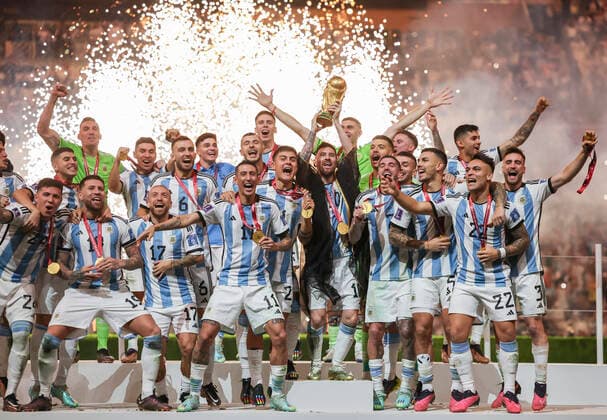 (221218) -- LUSAIL, Dec. 18, 2022 -- Winner Team Argentina celebrate during the awarding ceremony of the 2022 FIFA World Cup, WM, Weltmeisterschaft, Fussball at Lusail Stadium in Lusail, Qatar, Dec. 18, 2022. ) (SP)QATAR-LUSAIL-2022 WORLD CUP-FINAL-ARG VS FRA CaoxCan 