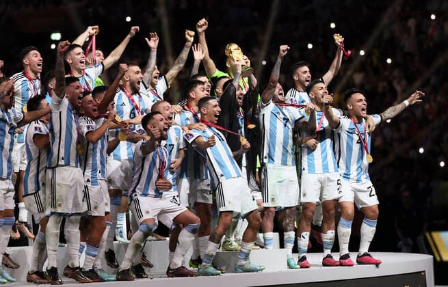 (221218) -- LUSAIL, Dec. 18, 2022 -- Winner Team Argentina celebrate during the awarding ceremony of the 2022 FIFA World Cup, WM, Weltmeisterschaft, Fussball at Lusail Stadium in Lusail, Qatar, Dec. 18, 2022. ) (SP)QATAR-LUSAIL-2022 WORLD CUP-FINAL-ARG VS FRA LanxHongguang 