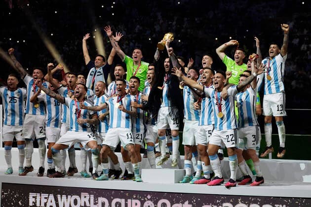 December 18 2022 - Doha, Qatar : Soccer World Cup Qatar 2022 Final match France vs Argentina. France?s X (blue shirt) battling Argentina?s Y (white-blue shirt) seen here. (Photo Henri Szwarc Starface) 286987 2022-12-18 Doha Qatar  Copyright: xHenrixSwzarcx xStarfacex 0196844850st