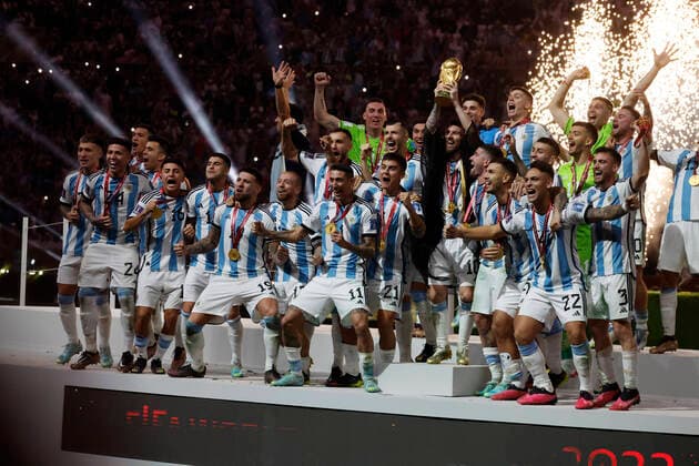 December 18 2022 - Doha, Qatar : Soccer World Cup Qatar 2022 Final match France vs Argentina. France?s X (blue shirt) battling Argentina?s Y (white-blue shirt) seen here. (Photo Henri Szwarc Starface) 286987 2022-12-18 Doha Qatar  Copyright: xHenrixSwzarcx xStarfacex 0196844875st