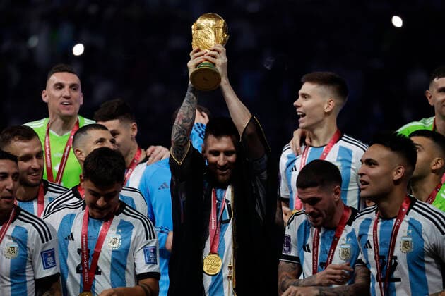 December 18 2022 - Doha, Qatar : Soccer World Cup Qatar 2022 Final match France vs Argentina. France?s X (blue shirt) battling Argentina?s Y (white-blue shirt) seen here. (Photo Henri Szwarc Starface) 286987 2022-12-18 Doha Qatar  Copyright: xHenrixSwzarcx xStarfacex 0196844900st