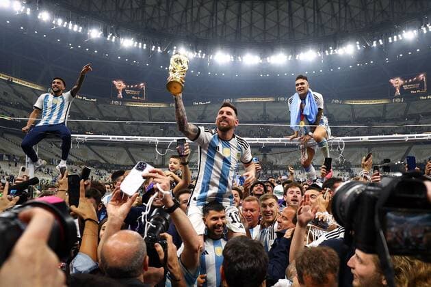Mandatory Credit: Photo by Kieran McManus Shutterstock (13670809jx) Lionel Messi of Argentina celebrates with the trophy Argentina v France, FIFA World Cup, WM, Weltmeisterschaft, Fussball 2022, Final, Football, Lusail Stadium, Al Daayen, Qatar - 18 Dec 2022 Editorial Use Only Argentina v France, FIFA World Cup 2022, Final, Football, Lusail Stadium, Al Daayen, Qatar - 18 Dec 2022 Editorial Use Only Copyright: xKieranxMcManus Shutterstockx 13670809jx