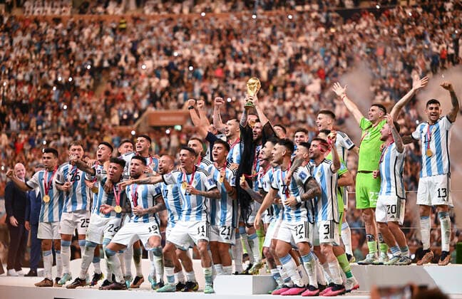(221218) -- LUSAIER, Dec. 18, 2022 -- Winner Team Argentina celebrate during the awarding ceremony of the 2022 FIFA World Cup, WM, Weltmeisterschaft, Fussball at Lusail Stadium in Lusail, Qatar, Dec. 18, 2022. ) (SP)QATAR-LUSAIL-2022 WORLD CUP-FINAL-ARG VS FRA LixGa 