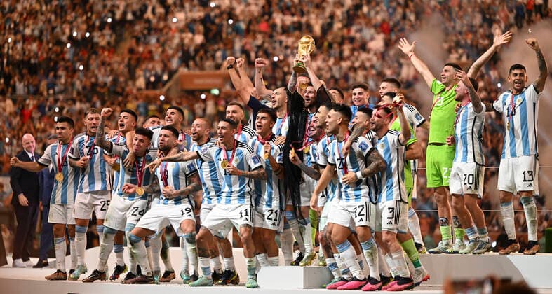 (221218) -- LUSAIER, Dec. 18, 2022 -- Winner Team Argentina celebrate during the awarding ceremony of the 2022 FIFA World Cup, WM, Weltmeisterschaft, Fussball at Lusail Stadium in Lusail, Qatar, Dec. 18, 2022. ) (SP)QATAR-LUSAIL-2022 WORLD CUP-FINAL-ARG VS FRA LixGa 