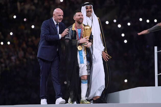 MESSI Lionel World Champion Team Argentina at the award ceremony with FIFA President INFANTINO Gianni and the Emir TAMIN BIN HAMAD AL THANI FIFA World Cup 2022 in Qatar Final Argentina France on 18 12 2022 at Lusail Stadium DFL REGULATIONS PROHIBIT ANY USE OF PHOTOGRAPHS as IMAGE SEQUENCES and or QUASI VIDEO Copyright: xLacixPerenyix