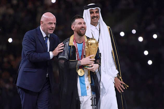 MESSI Lionel World Champion Team Argentina at the award ceremony with FIFA President INFANTINO Gianni and the Emir TAMIN BIN HAMAD AL THANI FIFA World Cup 2022 in Qatar Final Argentina France on 18 12 2022 at Lusail Stadium DFL REGULATIONS PROHIBIT ANY USE OF PHOTOGRAPHS as IMAGE SEQUENCES and or QUASI VIDEO Copyright: xLacixPerenyix