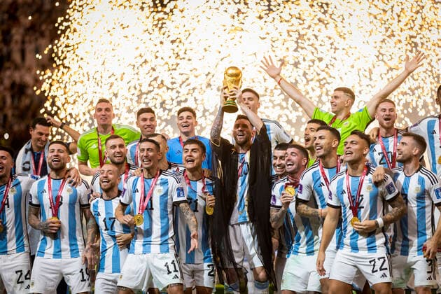 Doha, Qatar 18th Dec, 2022 Lionel Messi of Argentina lifts the FIFA World Cup Qatar 2022 Winner s Trophy Argentina France Final Match Argentina France World Cup 2022 in Qatar 18 12 2022