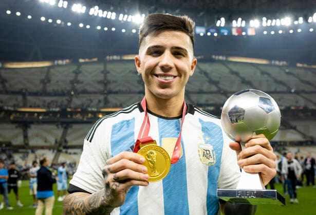 Doha, Qatar 18th Dec, 2022 Enzo Fernandez of Argentina Best Young Player of the Tournament Award Silver Soccer Cup after the FIFA World Cup Qatar 2022 Final match Argentina France Final match Argentina France World Cup 2022 in Qatar 18 12 2022
