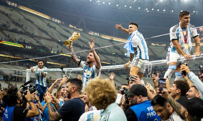 Doha, Qatar 18th Dec, 2022 Lionel Messi Arg celebrates the World Cup title Lautaro Martinez Arg , Paulo Dybala Arg Argentina France Final Match Argentina France World Cup 2022 in Qatar 18 12 2022