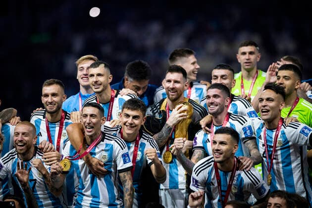 Doha, Qatar 18th Dec, 2022 Lionel Messi of Argentina lifts the FIFA World Cup Qatar 2022 Winner s Trophy Argentina France Final Match Argentina France World Cup 2022 in Qatar 18 12 2022