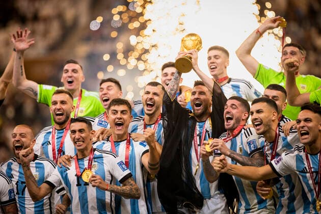 Doha, Qatar 18th Dec, 2022 Lionel Messi of Argentina lifts the FIFA World Cup Qatar 2022 Winner s Trophy Argentina France Final Match Argentina France World Cup 2022 in Qatar 18 12 2022