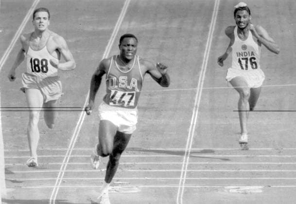 Olympic Games, Olympische Spiele, Olympia, OS Rome: Fourth heat of Decathlon 100 meters. Rafer Johnson (447 USA) first, Kameerbeek (188 Holand) and Randhawa (176 India) at Olympic Games in Rome. 5 September 1960 Italy  Copyright: xTopFotox 0720480