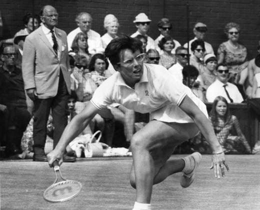 1968 Wimbledon Lawn Tennis Championships - Mrs. Billie Jean King of America watches the ball anxiously as she makes a return during her semi-finals match against Britain s Mrs. P. E. Jones on the centre court on 4th July 1968. TopFoto England  Copyright: xTopFotox 1108117