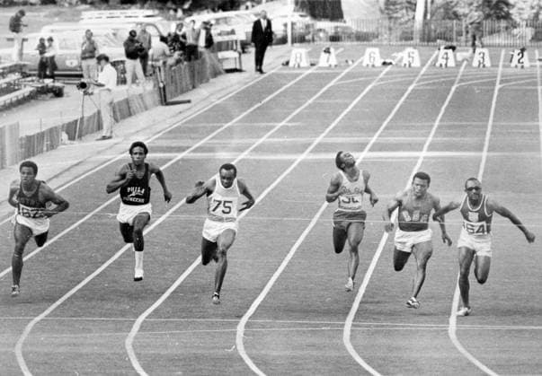 Jimmie Hines South Lake Tahoe, Calif.: The finish of the 100 metres final during the Olympic trials meet here September 10th shows Jimmie Hines, third from left, about to break the tape with a winning time of 10 seconds which tied the existing world record. The others are, from left to right: Clyde Glosson; Tom Randolph; Hines; Kirk Clayton; Mel Pender, 3rd with a time of 10.2, and Charlie Green, 2nd with a time of 10.1. 14th September 1968 United Kingdom England  Copyright: xTopFotox 1121719