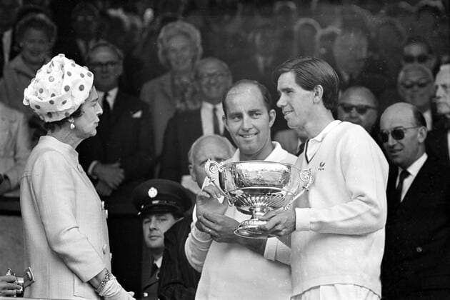 Bob Hewitt and Frew McMillan South African pair Bob Hewitt (left) and Frew McMillan all smiles with their trophy after they had defested Australians Roy Emerson and Ken Fletcher in the Men s Doubles Final at Wimbledon . 8 July 1967 United Kingdom England  Copyright: xTopFotox 1336512