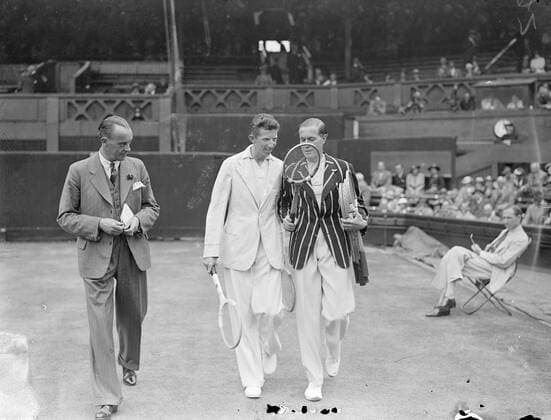 Don Budge of America ( left ) takes first set from Gottfried von Cramm of Germany 6 - 4 in the semi finals of the Wimbledon Championships , Men s Singles . 3 July 1935 United Kingdom England  Copyright: xTopFotox EU036940
