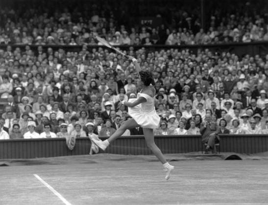 Maria Bueno of Brazil in action against Britain s Christine Truman in the semifinal of Ladies Singles tennis championship at Wimbledon. 30 June 1960  Copyright: xTopFotox Sp004175