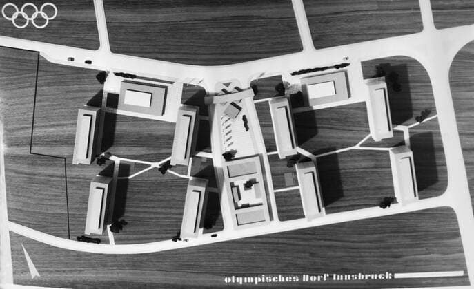 Olympic Village Winter Olympics Aerial view of Olympic Village The plans and designs for the Olympic Village in Innsbruck for 1964 are already completed . Here is an aerial view of the model which consists of eight eleven storey buildings . 29th December 1960 Austria  Copyright: xTopFotox UPI406222