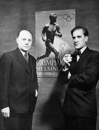 Olympic Games, Olympische Spiele, Olympia, OS Poster Now the posters of the XV Olympic Games , are on their way to all corners of the world in preparation for the coming Games in Helsinki 1952 . The motif shows a runner pictured against a globe . The model for the picture is the famous Finnish runner Paavo Nurmi and the artist is Ilmari Systmetse . Seen on the left is Paavo Nurmi and on the right the artist , Ilmari Systmetse . 13th March 1951 Finland  Copyright: xTopFotox UPI51275