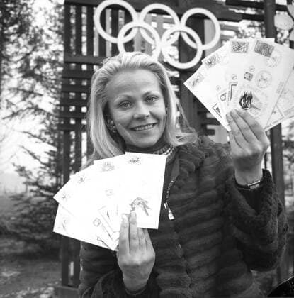 Olympic Stamps Olympic Stamps Pretty Olympic hostess Christine D Andrieux shows envelopes with sets of Olympic stamps that went on sale for the first time on January 27th 1968 . The five piece series sells for four French francs which iclude a one franc supercharge 30th January 1968 France  Copyright: xTopFotox UPI549983-A