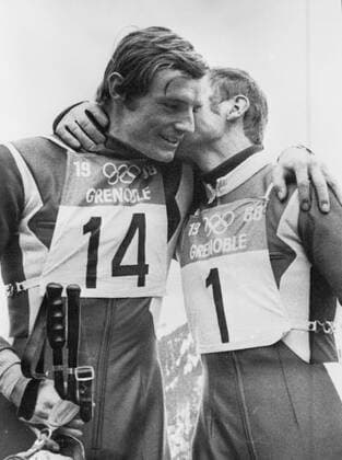 It s Killy s Gold It s Killy s Gold Jean Claude Killy ( Left ) is kissed by teammate Guy Parillat ( right ) . Killy had just won the gold medal for the Olympic downhill race . Guy had come in , in second place 9th February 1968 France  Copyright: xTopFotox UPI550497