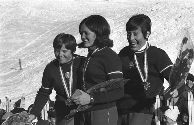 Downhill Ski Winter Olympics In jubilant mood after medal presentation ceremonies are the first three places in the women s downhill ski race of the 10th Winter Olympic Games, Olympische Spiele, Olympia, OS . Seen left to right , France s Isabelle Mir ( silver ) , Austria s Olga Pall ( gold ) , and Chris Haas , also of Austria , bronze winner . 11th February 1968 France  Copyright: xTopFotox UPI550578