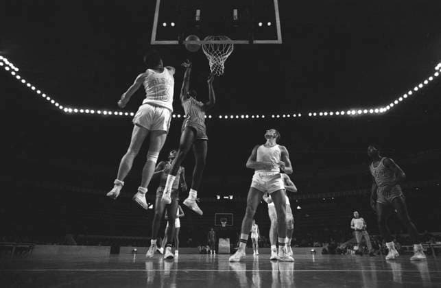 Basketball Olympic Games, Olympische Spiele, Olympia, OS Prelkiewicz Kazimierz ( 13 ) of Poland leaps for the ball against Cuba s Carlos Enrique Del Pozo ( 14 ) in the basketball match between the two countries in the Olympic competition . Poland won 78 - 75 . 18th October 1968 Mexico  Copyright: xTopFotox UPI563079