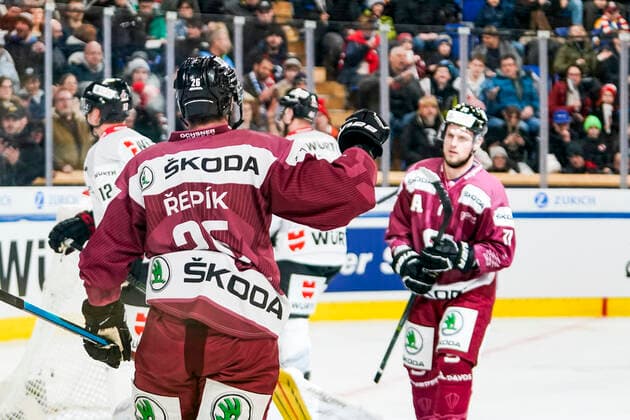 DAVOS, SWITZERLAND DECEMBER 26 Michal Repik of Sparta Prague L celebrates his goal during the match between HC Sparta Praha and Team Canada at Hockey Club Davos on December 26, 2022 in Davos, Switzerland Davos Graubunden Switzerland  Copyright: xJustPictures.ch JarixPestelaccix