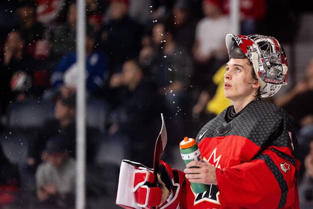 221228 Goalkeeper Thomas Milic of Canada during the 2023 IIHF World Junior Championship game between Canada and Germany on December 28, 2022 in Halifax Photo Simon Hastegard BILDBYRAN kod SH SH0389 ishockey ice hockey jvm junior vm u20 2023 iihf world junior championship world juniors canada kanada tyskland germany bbeng,  Copyright: SIMONxHASTEGARD BB221228SH095