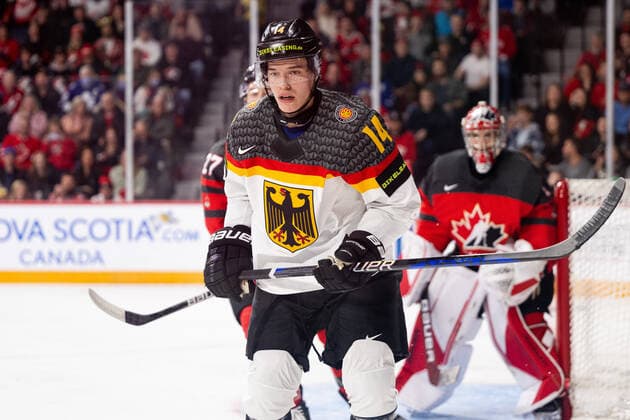 221228 Quirin Bader of Germany during the 2023 IIHF World Junior Championship game between Canada and Germany on December 28, 2022 in Halifax Photo Simon Hastegard BILDBYRAN kod SH SH0389 ishockey ice hockey jvm junior vm u20 2023 iihf world junior championship world juniors canada kanada tyskland germany bbeng,  Copyright: SIMONxHASTEGARD BB221228SH099