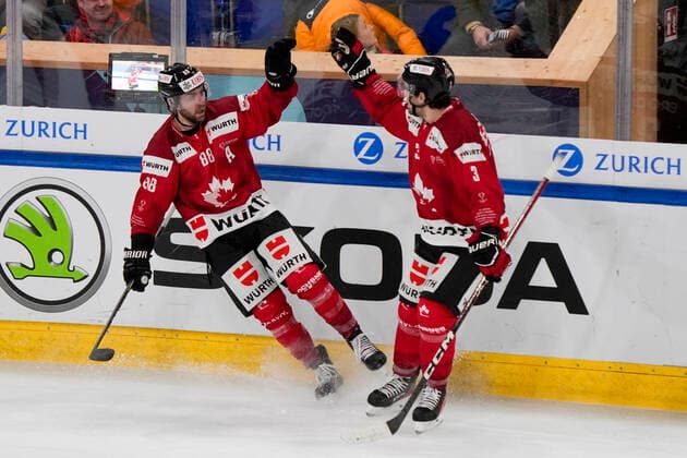 DAVOS, SWITZERLAND DECEMBER 29 Chris Didomenico of Team Canada L celebrates his goal with Josh Brook of Team Canada R during the match between Orebro HK and Team Canada at Eisstadion Davos on December 28, 2022 in Davos, Switzerland Davos Graubunden Switzerland  Copyright: xJustPictures.ch JarixPestelaccix
