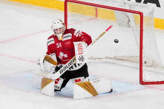 DAVOS, SWITZERLAND DECEMBER 29 goalkeeper Michael Hutchinson of Team Canada in action during the match between Orebro HK and Team Canada at Eisstadion Davos on December 28, 2022 in Davos, Switzerland Davos Graubunden Switzerland  Copyright: xJustPictures.ch JarixPestelaccix