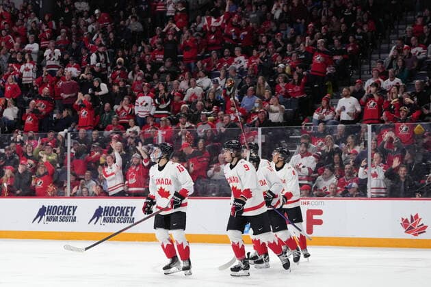 December 29, 2022, Halifax, NS, Canada: Canada™s Connor Bedard, left, skates back to centre ice with teammates following his goal in the second period of IIHF World Junior Hockey Championship action against Austria in Halifax on Thursday, December 29, 2022. Connor Bedard  - ZUMAc35_ 20221229_zaf_c35_080 Copyright: xDarrenxCalabresex