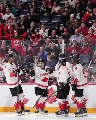 December 29, 2022, Halifax, NS, Canada: Canada™s Connor Bedard, second from left, celebrates with teammates following his goal in the second period of IIHF World Junior Hockey Championship action against Austria in Halifax on Thursday, December 29, 2022. Connor Bedard  - ZUMAc35_ 20221229_zaf_c35_081 Copyright: xDarrenxCalabresex