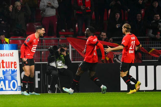 Joie des joueurs du FC Rennes apres le but de Martin Terrier (Rennes FC) FOOTBALL : Rennes vs Nice - Ligue 1 Uber Eats - 02 01 2023 JBAutissier Panoramic 